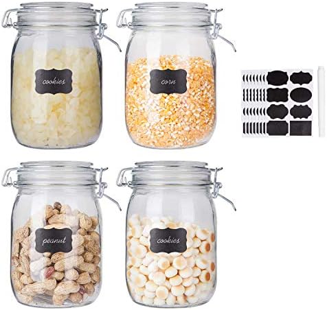 Glass Kitchen Storage Canister Mason Jars with Lids,32oz Airtight Glass Canister with Hinged Lid，Perfect for Kitchen Canning Cereal,Pasta,Sugar,Beans (Labels & Chalk Marker)-Set of 4