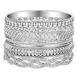 Neyauo 7 Pcs Silver Bangles Bracelets for Women, Boho Chunky Stackable Bracelet Set with Textured Designs, Vintage Multi Layer Jewelry Set for Wedding, Festival, Beach & Daily Wear