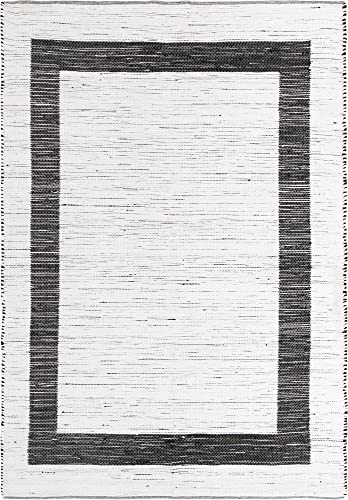 Image of Unique Loom Chindi Jute Collection Casual, Modern, Bohemian, Border Area Rug (9' 0 x 12' 2 Rectangular, White /Black)