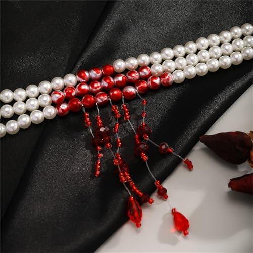 Gothic Blood Pearl Necklace for Women, Adjustable Dripping Blood Choker Layered Bleeding Pearls Necklaces Punk Bloody Tassel Clavicle Halloween Jewelry4