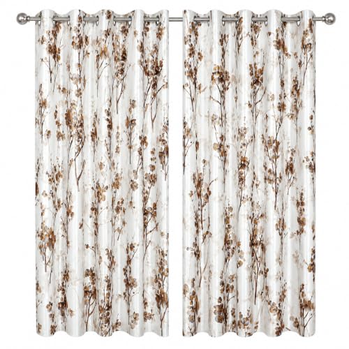 Image of 8 Feet Polyester Floral Light Filtering Door Curtains for Bedroom, Living Room & Hall, Eyelet Top, Coffee Print Curtain Set of 4