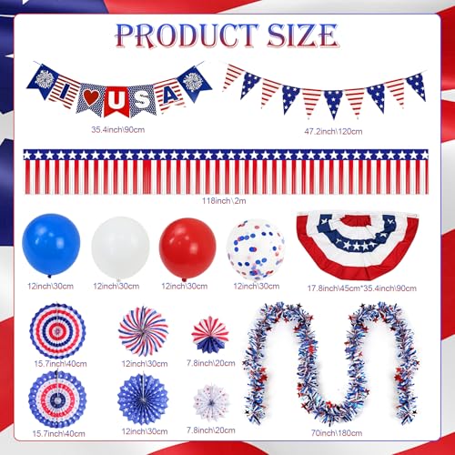 Image of 53PCS 4th of July Car Parade Decorations LOVE USA Banner Bunting Wreath Red White Blue Paper Fans Balloons Decoration Star Streamer Independence Day Party Supplies