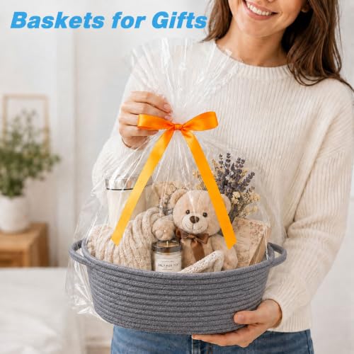 Image of Empty Gift Basket with Gift Bag & Ribbon, Woven Rope Basket, 12x8x5 inch
