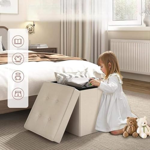 Image of HROY Foldable Storage Ottoman Cube and Toy Box with Cushion Lid - Collapsible Footrest Stool with Hidden Storage Box for Living Room, Playroom, Bedroom & Office (38L x 38W x 38H cm)(Beige, Square)