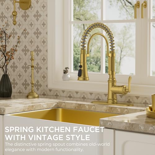 Image of FORIOUS Gold Kitchen Faucet with Pull Down Sprayer, Stainless Steel Single Handle Spring Antique Brass Kitchen Sink Faucet with Deck Plate for 1 or 3 holes, Sutiable for Farmhouse, RV, Camper, Wet Bar