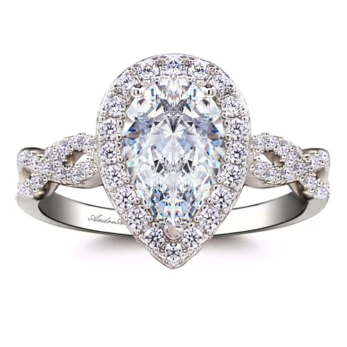 AndreAngel Pear Cut Engagement Ring for Women, Solid Sterling Silver 925, Cubic Zirconia Stones Diamond Simulant Grade AAAAA+, 10 mm 2.0 Carats, Engagement Anniversary Promise Valentines Gift