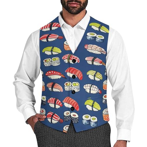 Japanese Food Sushi Men's Suit Vest Formal Dress Waistcoat Vest Casual Business Vests for Suit Or Tuxedo M