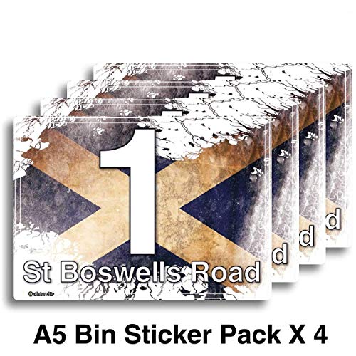 Scottish Flag - Battle Style, Set of 4 x A5 Personalised Wheelie Bin Sticker/Vinyl Labels with House Number & Street Name - [A5] 21cm x 15cm Kit of 4 X Stickers Provided