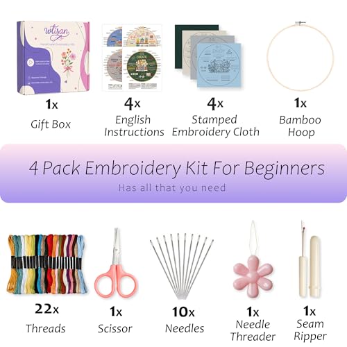 Image of wtisan Embroidery Kit for Beginners, 4 Floral Patterns Cross Stitch Kits