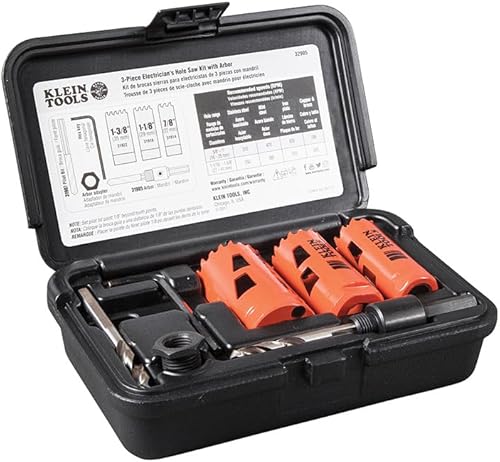 Klein Tools 32905 Kit de sierra perforadora para electricista con eje para cortar acero, paneles de yeso, tejas de techo, madera, plástico, 5 piezas