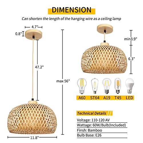 Frideko Hand-Woven Bamboo Pendant Light Natural Wicker Rattan Hanging Light Fixture Basket Lampshade Pendant Lamp Wicker Chandeliers for Kitchen Island Farmhouse Living Room Dining Room(Bulb Included) - Image 4