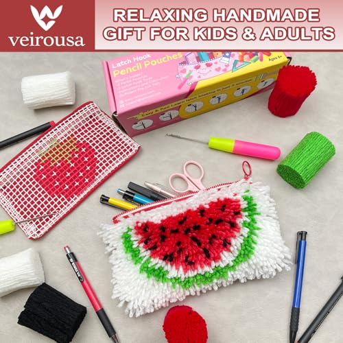 Image of veirousa Strawberry & Watermelon Latch Hook Pencil Case Kit for Adults Beginners, Flully Fruit DIY Craft Pencil Pouch for Girls Boys 2 Pack Set