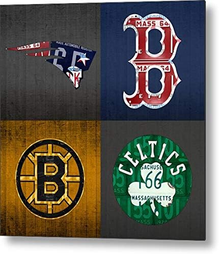 KPSheng Boston Sports Fan Vintage Massachusetts License Plate Art Patriots Red Sox Bruins Celtics Retro Vintage Metal Tin Sign Wall Plaque - for Cafe Beer Club Wall Home Decor 12x12 Inches