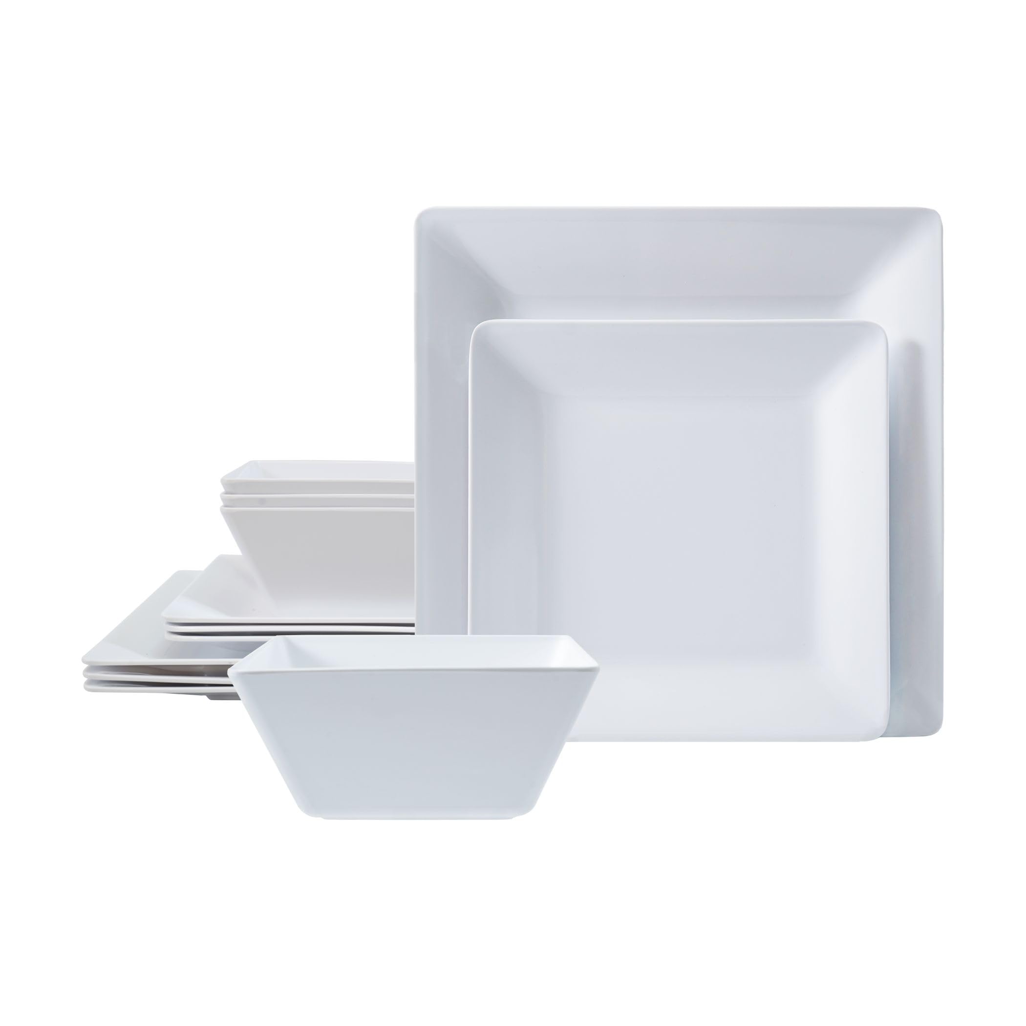 TP 12-Piece Dinnerware Set, Melamine Dishes Set with Bowls and Plates, Non-breakable and Lightweight Square Dinner Set for 4, White