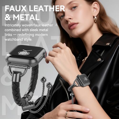 Image of Leather and Metal Band Compatible with Apple Watch Bands for Women,Adjustable Designer Cute Stylish Strap for iWatch Series11 /10 /9 /8 /7 /6 /5 /4 /3 /2 /1 /SE /Ultra