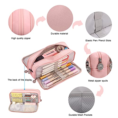 Image of MAMUNU Large Capacity Pencil Case, 3 Compartments Canvas Pencil Pouch with Zipper, Aesthetic Pencil Bag Pen Pouch for School Office Students Teen Girls Boys, Pink