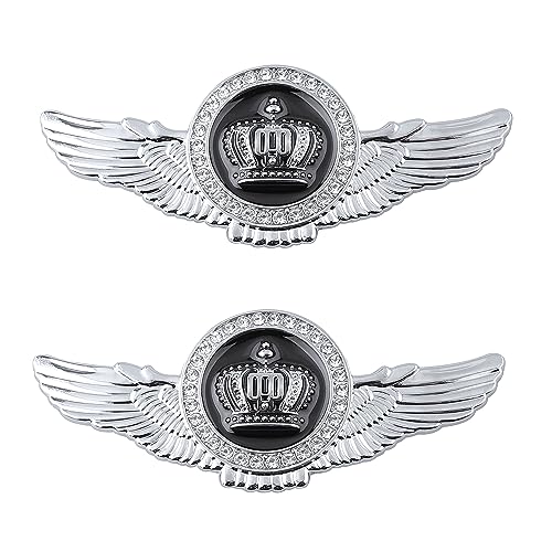 Image of 2PCS Wing Circular Crown Emblems,Crystal Diamond Crown Car Stickers Decals Decoration for All Car (Silver Black)
