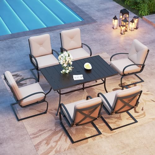 PHI VILLA 7 Piece Patio Spring Dining Set Clearance for All Weather, 1 Metal 59″x35.4″ Dining Table with 1.9″ Umbrella Hole & 6 Cushioned Dining Chairs, Outdoor Patio Furniture for Garden Porch, Red