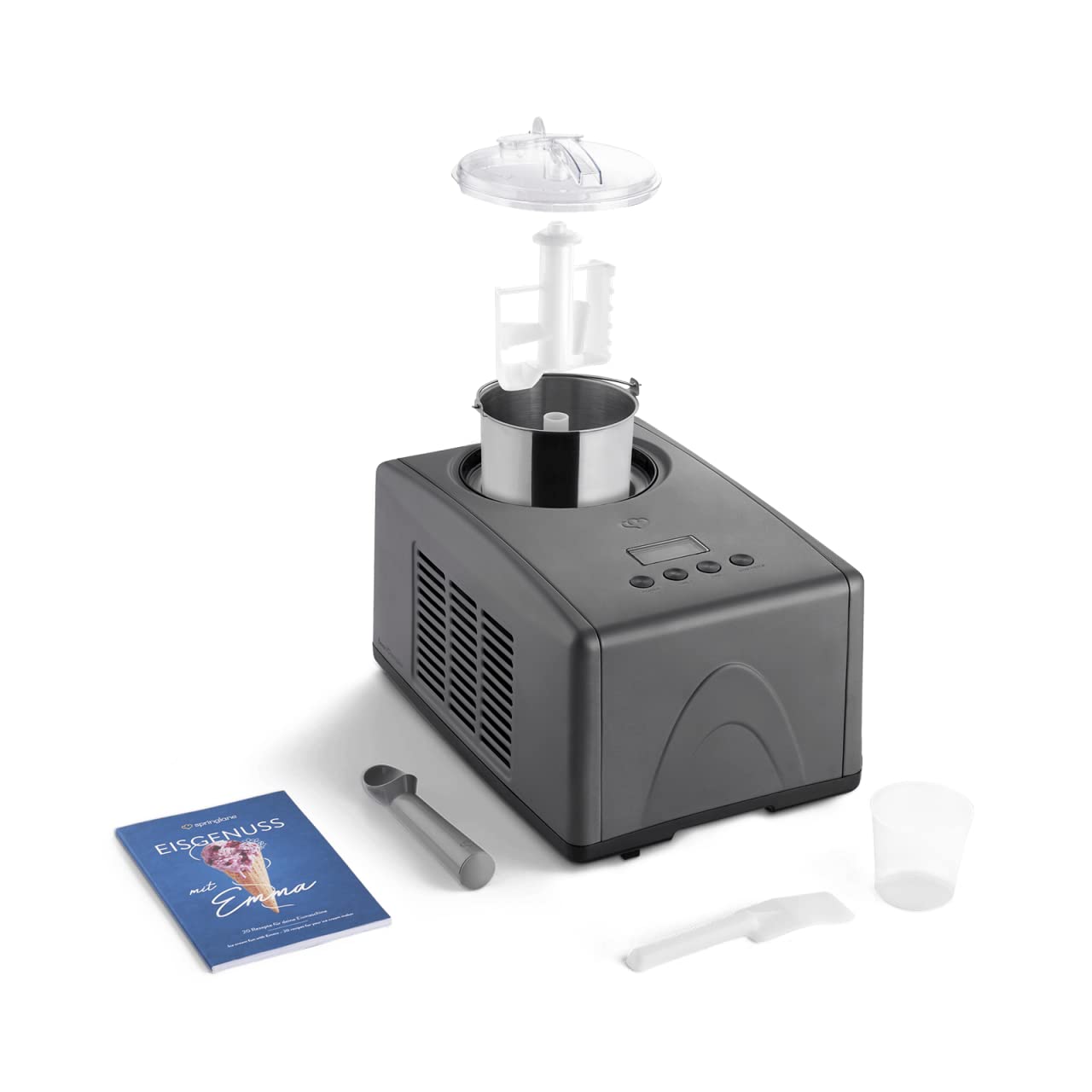 SPRINGLANE Eismaschine Emma 1,5 L mit selbstkühlendem Kompressor 150 W, aus Edelstahl mit entnehmbarem Eisbehälter, inkl. Rezeptheft (Anthrazit, Eismaschine + Zusatzbehälter Edelstahl)
