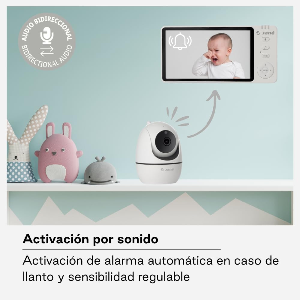 Jané Eye Pro Baby Monitor, Vigilabebés con Cámara Giratoria, Inclinación Motorizada, Pantalla 5", Audio Bidireccional, Visión Nocturna, Gran Alcance, con Música, Batería Bajo Consumo