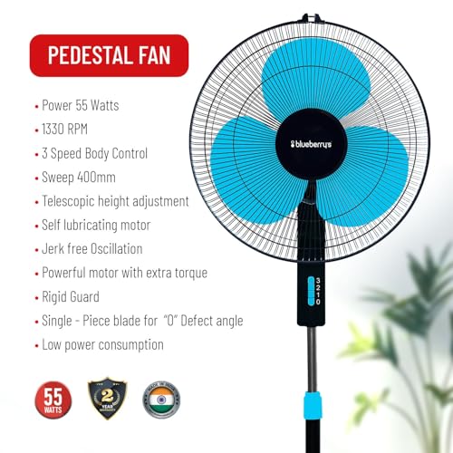 Image of Blueberry's High-Speed Oscillating Pedestal Fan, 3-Adjustable Fan Speeds, Rust Resistant Body, Adjustable Length, RPM 2200, 400-mm Sweep Length (Blue)