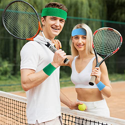 Image of 18 Pcs Sweatbands Headband Wristband Set Colorful Striped Terry Cloth Sports Athletic Gym 80s Sweat Headbands
