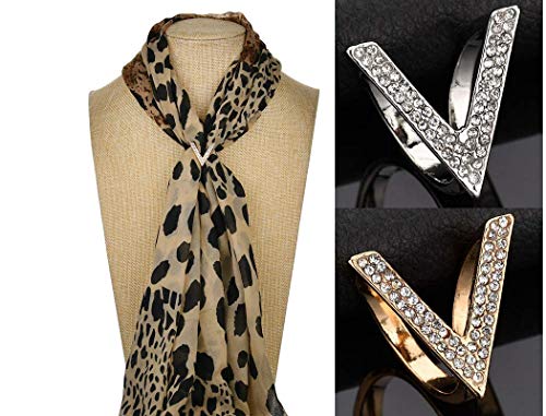 Chris.W Fashion Rhinestone Scarf Rings Clips for Women, Letter V Scarves Holder Buckel, Pack of 2(Silver + Gold) -Valentine‘s Gift
