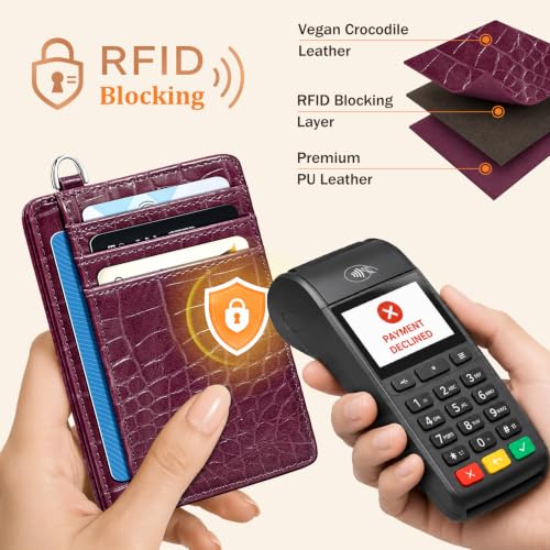 Image of Coco Rossi Crocodile Wallet Women Slim Credit Card Holder with Keychain | Luxury Wallets, Alligator Print, RFID Blocking, ID Case, Small Minimalist, Womens Girls Gift, Plum Croc