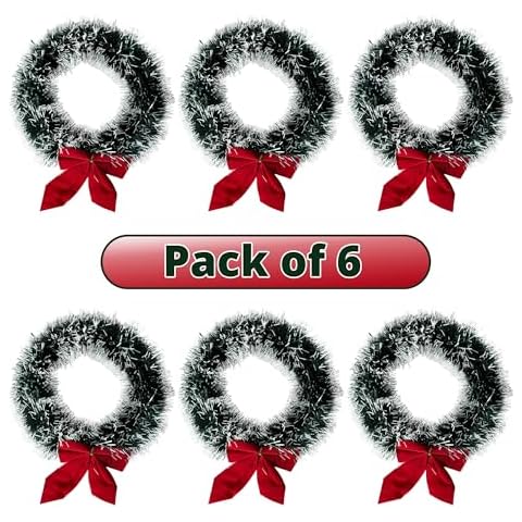 Bistras 6pk Christmas Wreath 9.5 inches with Red Velvet Bow Tinsel Wreath for Home Window Kitchen Decor Indoor Christmas Holiday Decoration Cover