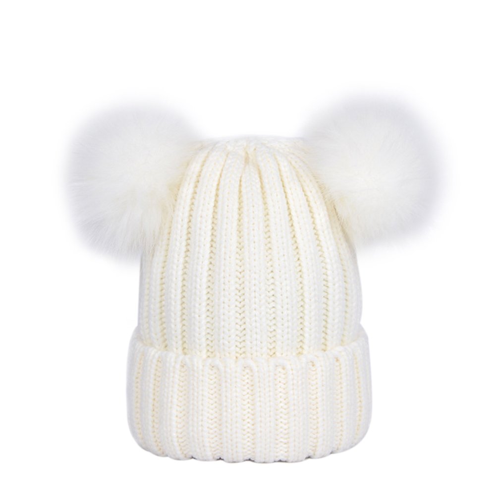 Lausons Women's White Warm Winter Ribbed Knit Bobble Hat With Faux Fur Double Pom Pom Beanie