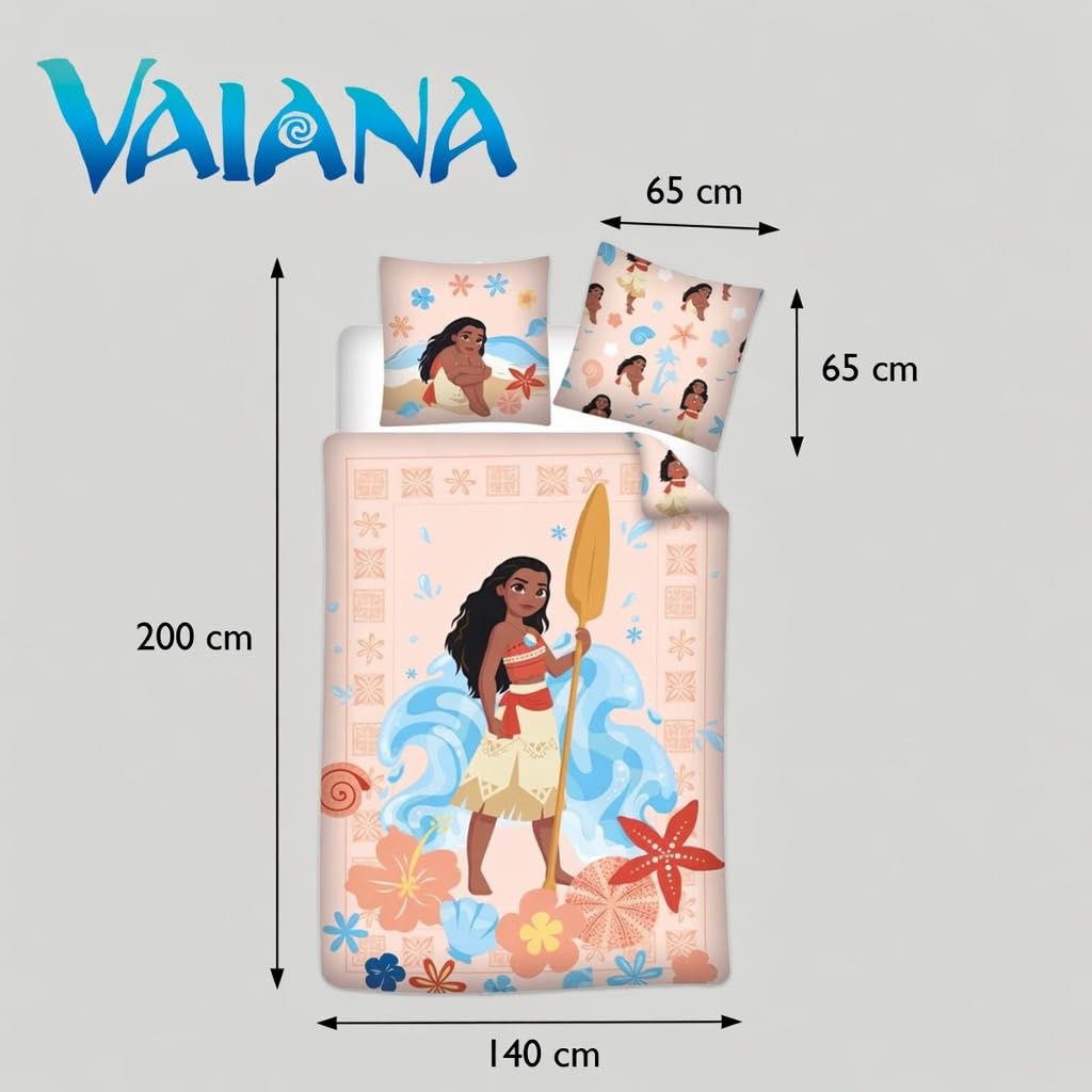 Pościel Vaiana Disney - dwustronna poszwa na kołdrę 140 x 200 cm i poszewka na poduszkę 65 x 65 cm - 100% bawełna premium, certyfikat Oeko-Tex Standard 100, zapięcie na guziki