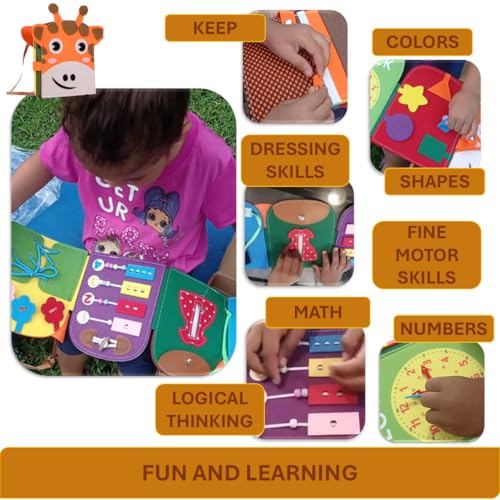 Image of Giraffe Quiet Activity Book, 8 basic skills. Busy book for toddlers, Sensory Toy for Toddlers. Developing Motor, Cognitive, and Sensory Skills. Giraffe backpack. Zipper button toy for toddler