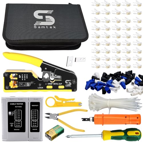 RJ45 Pass Through Crimping Tool Kit, All-in-One Ethernet Network Cable Crimper Set including Cable Tester, Cutter