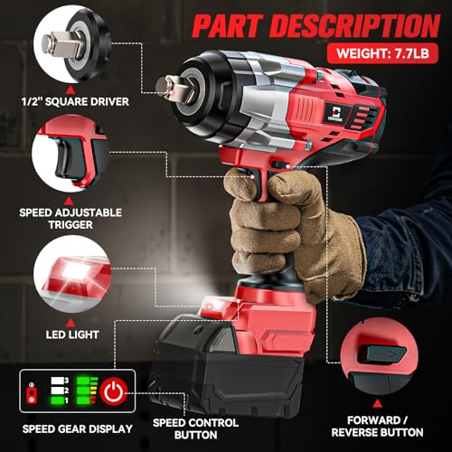Cordless Impact Wrench 1/2 inch Compatible with Milwaukee 18V Battery: 1700FT-LBS High Torque Impact Wrench Heavy Duty Tool - Brushless Electric Impact Gun Includes LED Work Light - Bare Tool Only