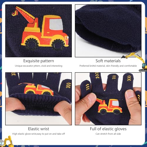 6 Pairs Kid’s Magic Gloves, Unisex Stretch Mittern Children's Warm Knit Gloves Winter Thermal Glove Full Fingers Glove Cold Weather Mitterns Excavator Slogan Pattern for Boys Girls 4-12 Years3