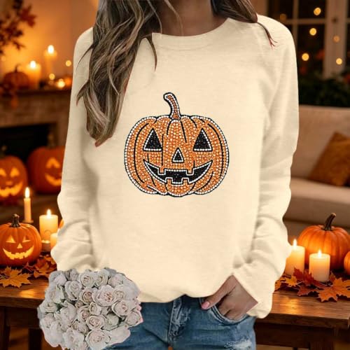 Halloween Sweatshirt for Women Novelty Rhinestone Pumpkin Graphic Sweatshirt Crew Neck Spooky Season Pullover Tops - image 2