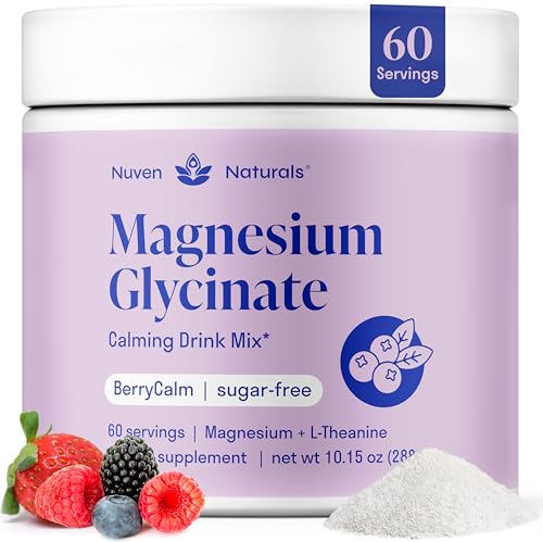 Magnesium Glycinate Powder + L-Theanine | 60 Servings | 300 mg per Scoop High Absorption Chelated Magnesium Powder for Sleep - Natural Mixed Berry Flavor No Sugar Support Restful Sleep & Relaxation