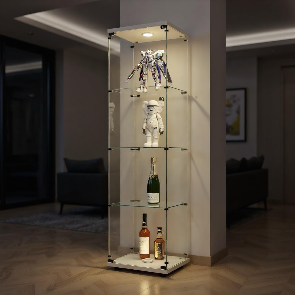 Vitrine En Verre Sur Pied Éclairée LED Avec Serrure - 1 Porte 2 Compartiments Pour Collection Et Objets