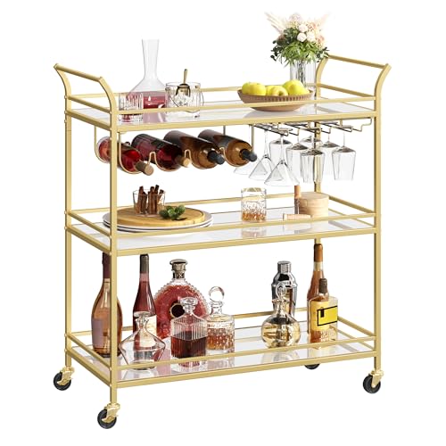 VASAGLE Bar Cart Gold, Large Home Bar Serving Cart with 3-Tier Mirrored Shelf, Wine Holders, Glass Holders, Kitchen, 15 x 33.9 x 35.4 Inches, Gold ULRC083A02