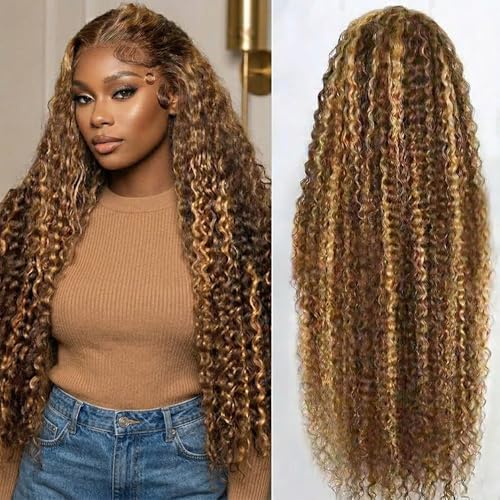 Tuviso 30 Inch Highlight Ombre Deep Wave Lace Front Wig Human Hair 200% Density Pre Plucked 13x6 Honey Blonde 4/27 Deep Curly HD Lace Frontal Wigs Glueless Wigs Human Hair for Women