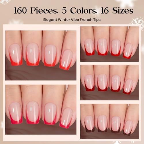 Image of Beetles X Press Red French Tip Press On Nails | 5 Colors Press On Nail Short Square | 16 Sizes 160 Pcs Natural Salon Quality Soft Gel Nail