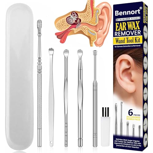 Image of Bennort 6 in 1 Ear Wax Removal and Cleaner Kit - Resuable Ear Pick Cleaning Tool with Storage Box,Stainless Steel Ear Pick Scoop,Spring,Spiral & Cleaning Brush,Ear Curette Kit for Adult & Kids, Silver