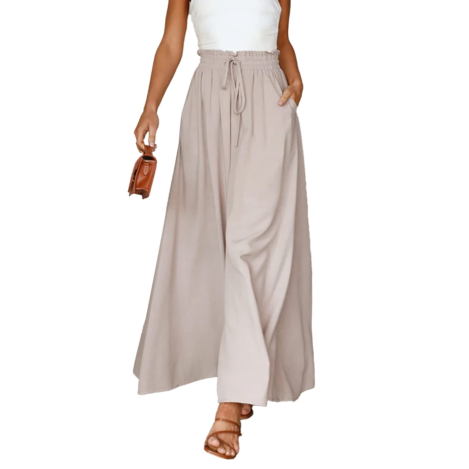 Women Wide Leg Pants Women Stretchy Waistband High Waist Drawstring Solid Color Loose Fit Soft Trousers with Pockets