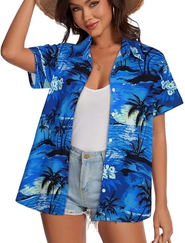Image of Women Hawaiian Shirt Button Down Summer Tops Beach Short Sleeve Blouse