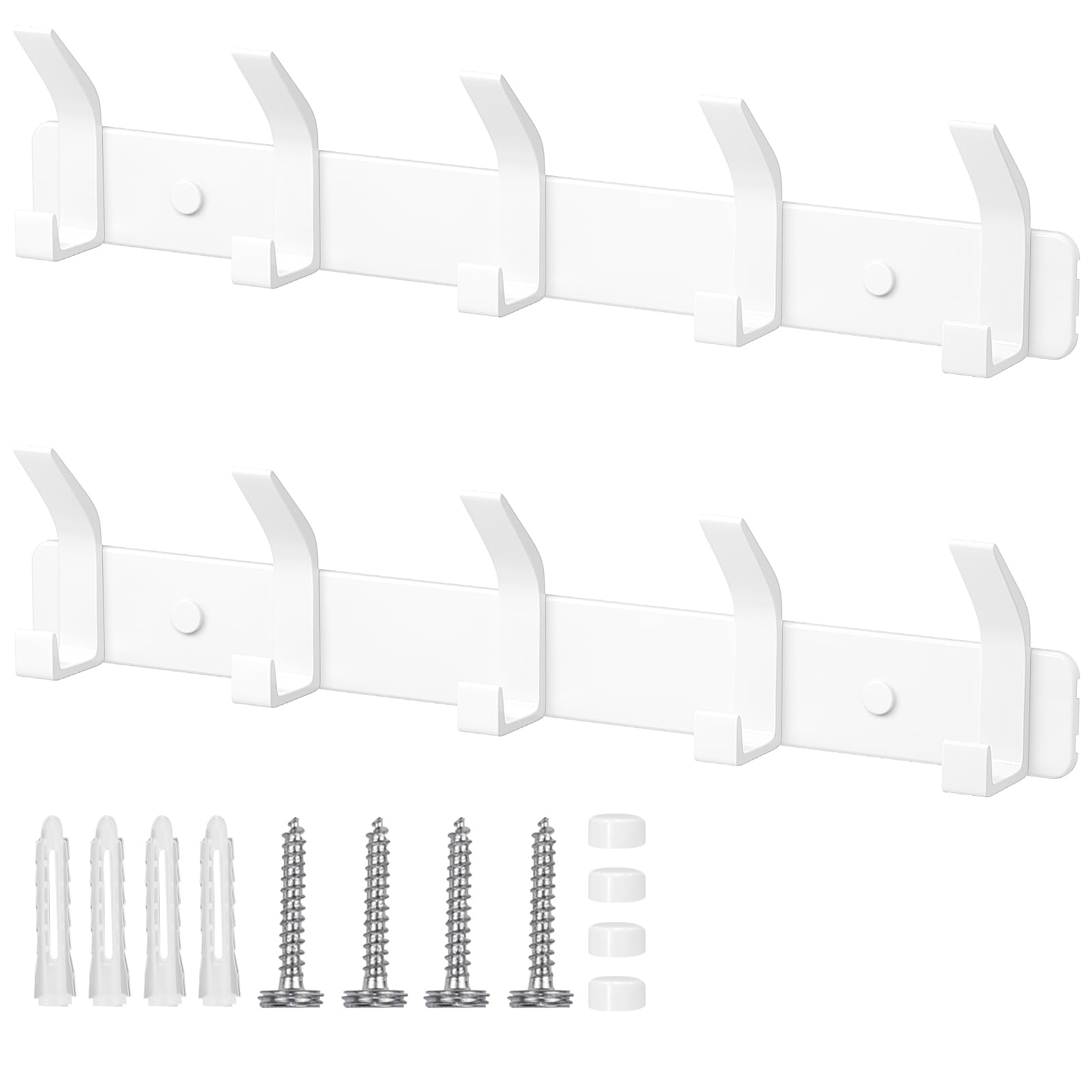 Coat Hooks Wall Mounted Coat Rack with 5 Hooks, 2 Pack Rustproof Wall Hanger Clothes Hooks for Kitchen Bedroom and Entryway, White