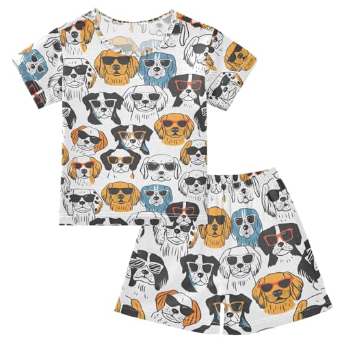 ALAZA Cute Pug Dog with Sunglasses Pajamas Set Short Sleeve Cotton Sleepwear Summer Pjs 2 Piece 5-14Y