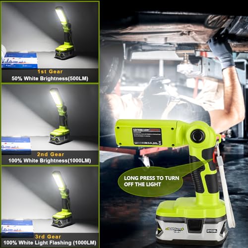 Image of YEX-BUR LED Work Light for Ryobi 18V Battery, 12W 1000LM Protable Flashlight with Low Voltage Protection 270 Rotating Wide-Angle Lighting for Workshop, Camping, Outdoor