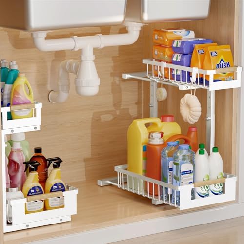 Under Sink Organizer, 2-Tier Slide Out Under Kitchen Sink Organizer, Adjustable Double Layer Undersink Organizers, Space Saving Metal Bathroom Cabinet Organizer(White,2 Pack)