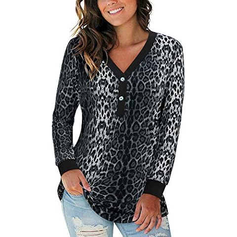 LAISHEN Women's Leopard Print V-Neck Button Causal Long Sleeve Tops Henley Blouse Loose T Shirt(Leopard-2,S) Cover