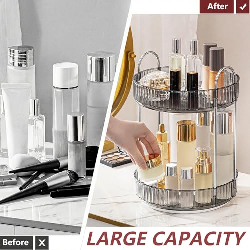 INVSSENE 360° Rotating Makeup Organizer, Bathroom Make Up Spinning Holder Rack, Large Capacity Cosmetics Storage Vanity Shelf Countertop, Fits Cosmetics, Perfume, Skincare, Lipsticks(2 Tiers, Gray) by INVSSENE - Image 3